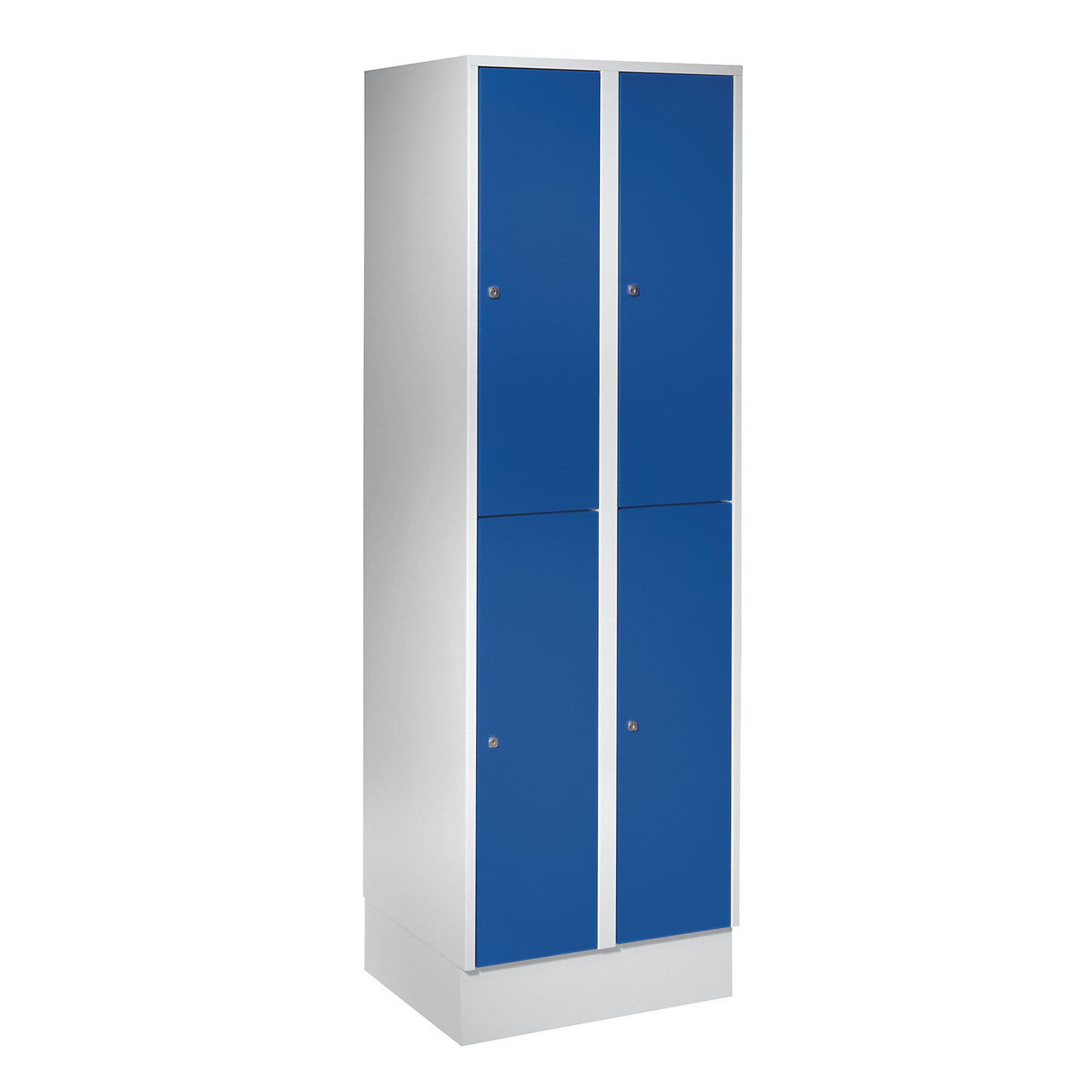 München double deck clothes locker, 2 compartments, W 600 mm, light grey / gentian blue, with base plinth.