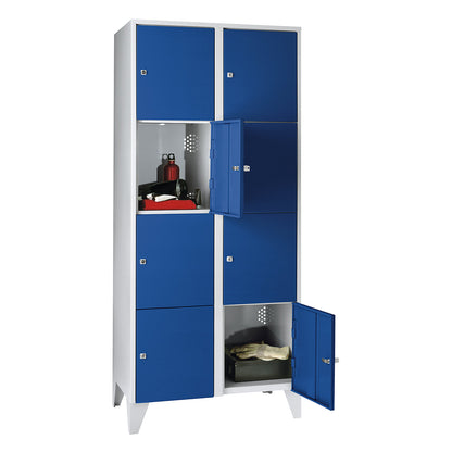 Munich 4-fold compartment locker, 2 compartments, light grey / gentian blue, W 800 mm, with feet.