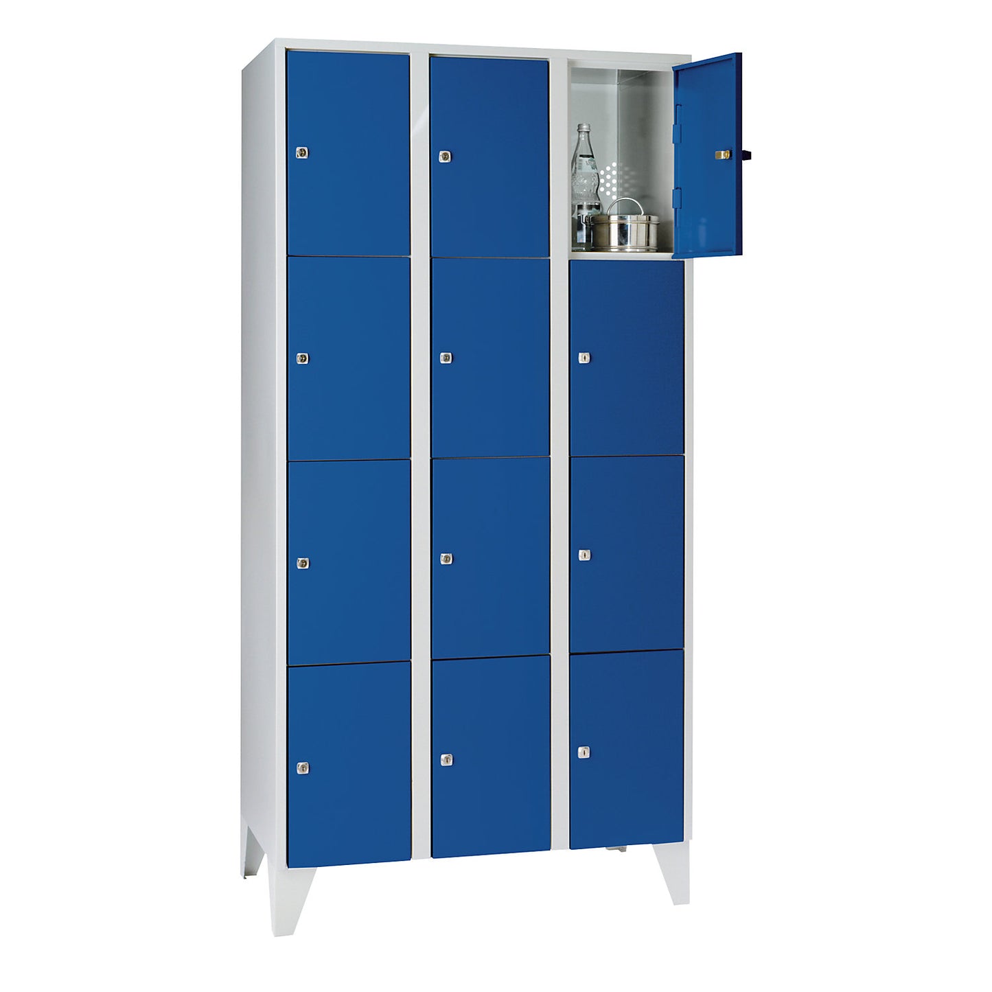 Munich 4-fold compartment locker, 3 compartments, light grey / gentian blue, W 900 mm, with feet.