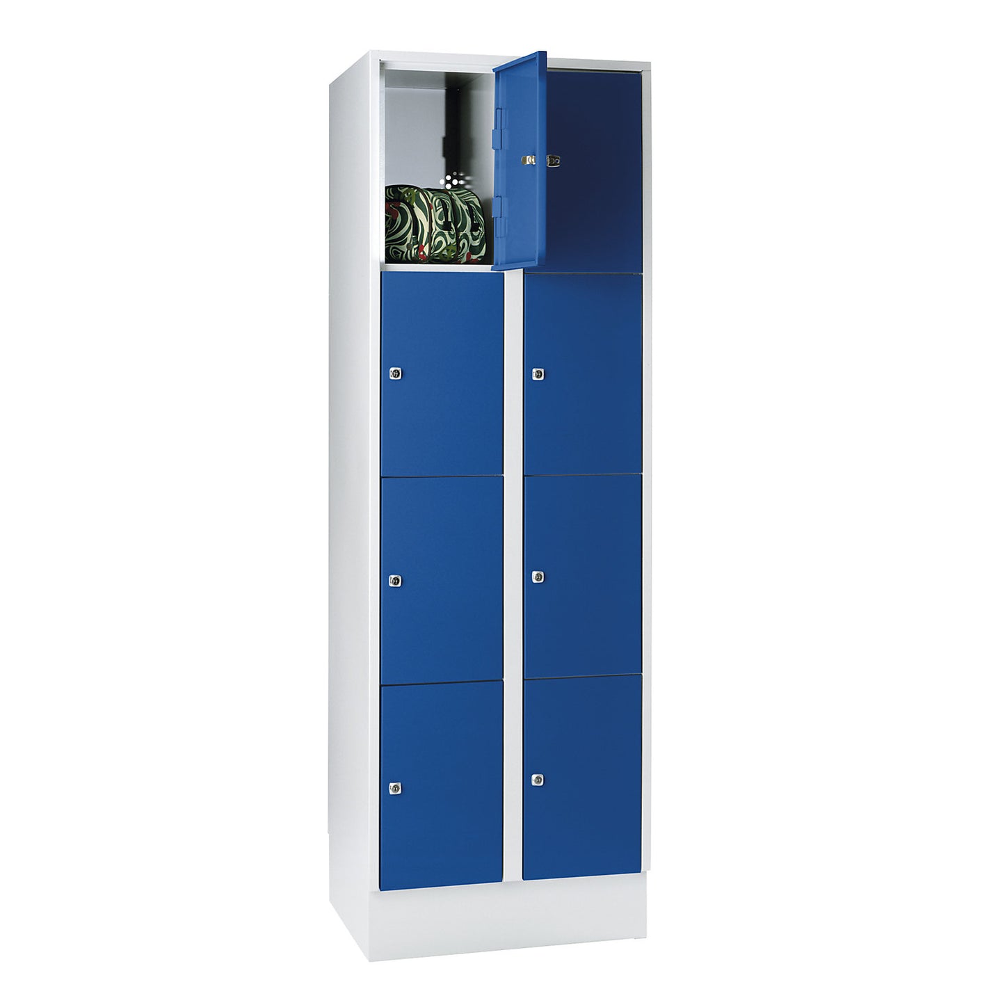 Munich 4-fold compartment locker, 2 compartments, light grey / gentian blue, W 600 mm, with base plinth.