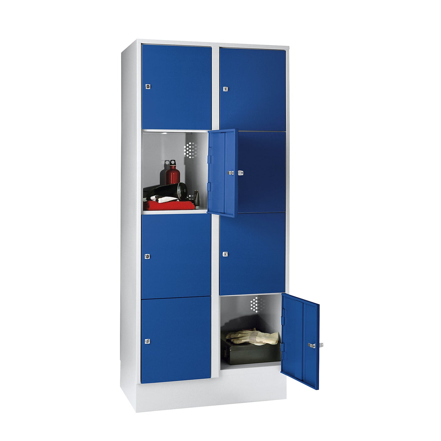 Munich 4-fold compartment locker, 2 compartments, light grey / gentian blue, W 800 mm, with base plinth.