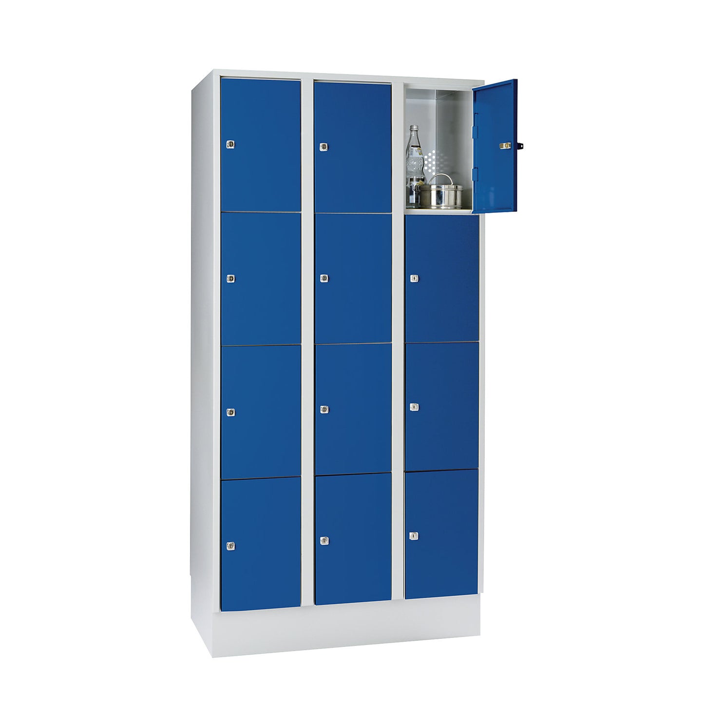 Munich 4-fold compartment locker, 3 compartments, light grey / gentian blue, W 900 mm, with base plinth.