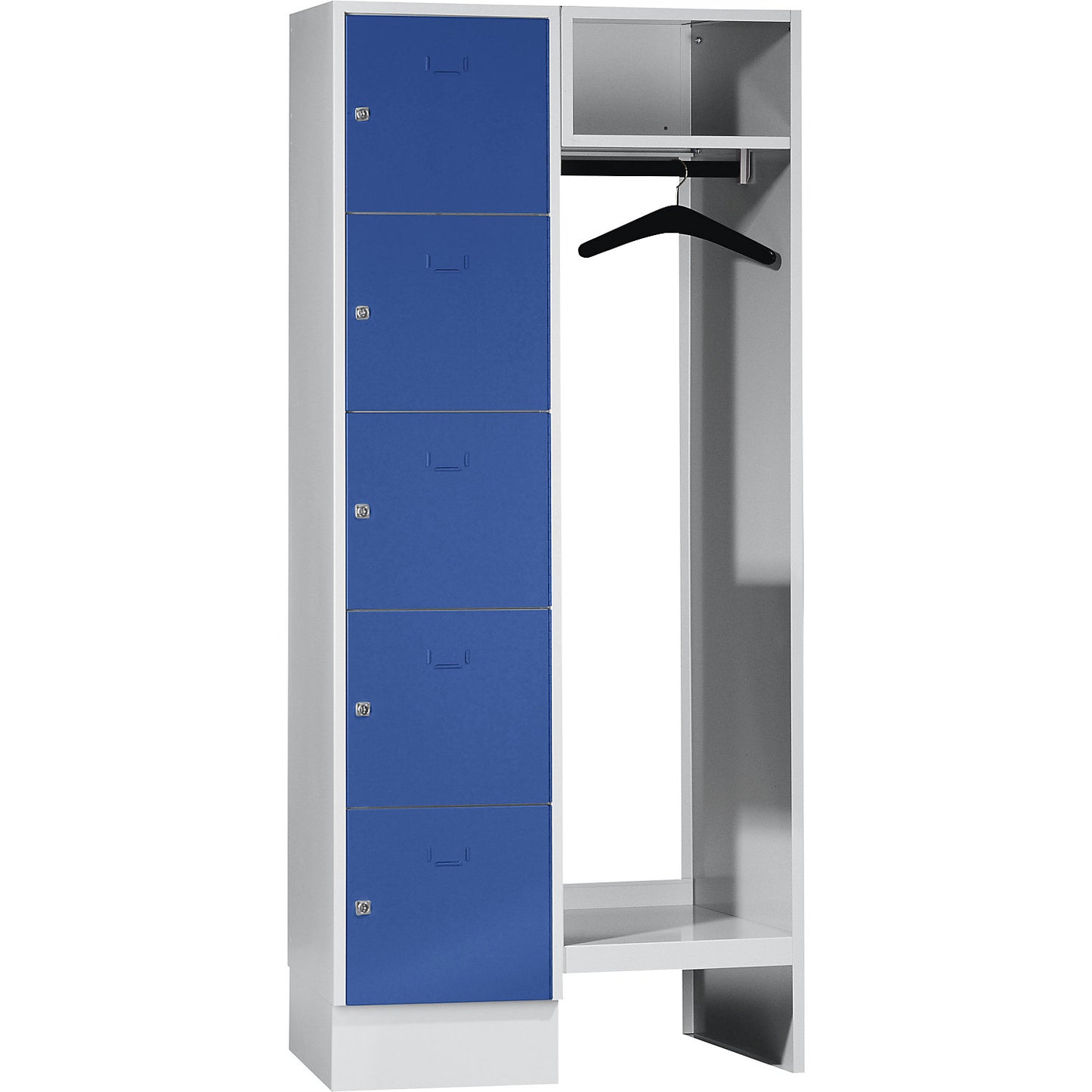 Dresden cloakroom locker system, 5 compartments, 1 coat rack, W 850 mm, light grey / gentian blue.