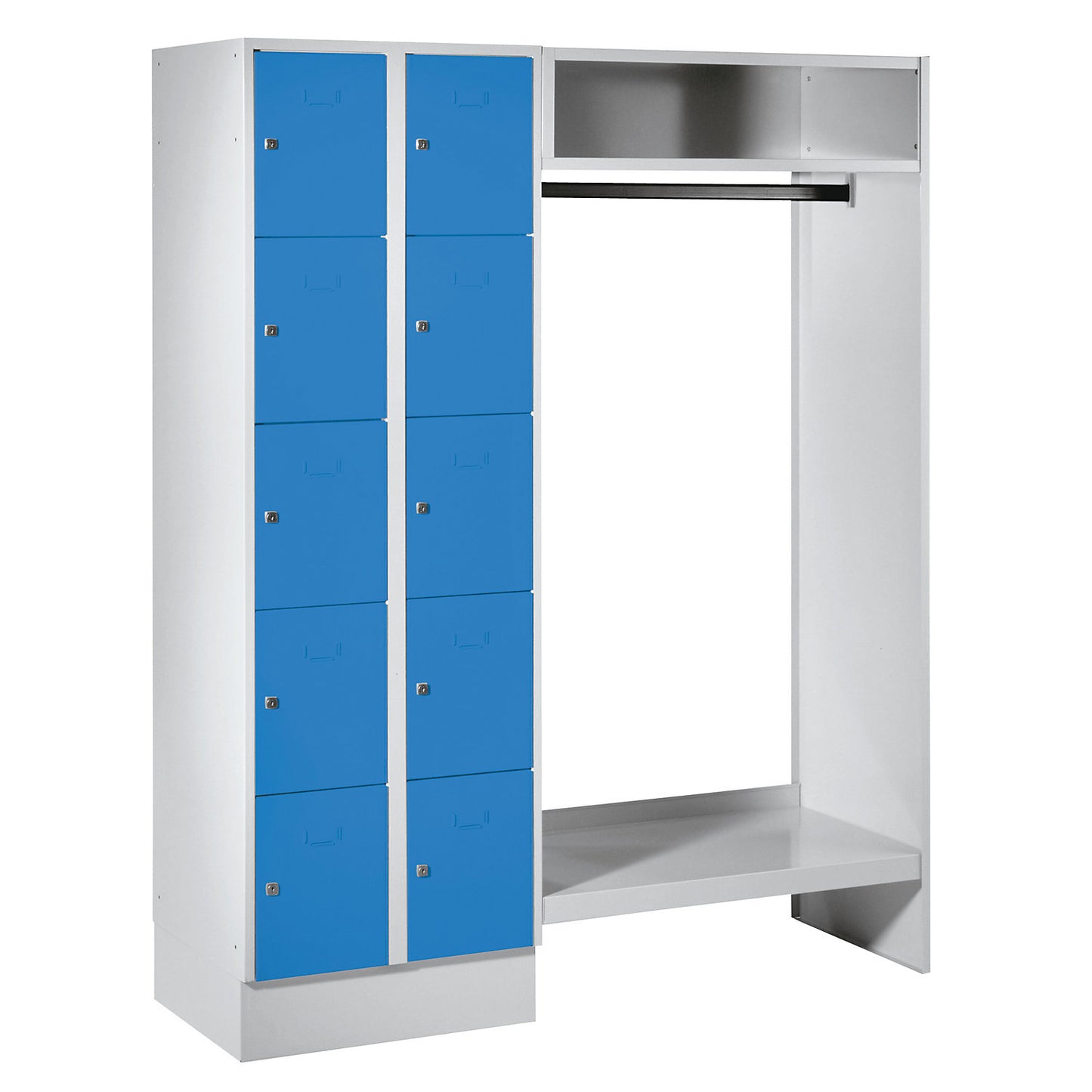 Dresden cloakroom locker system, 2 compartments on left, 1 coat rail, W 1470 mm, light grey / light blue.