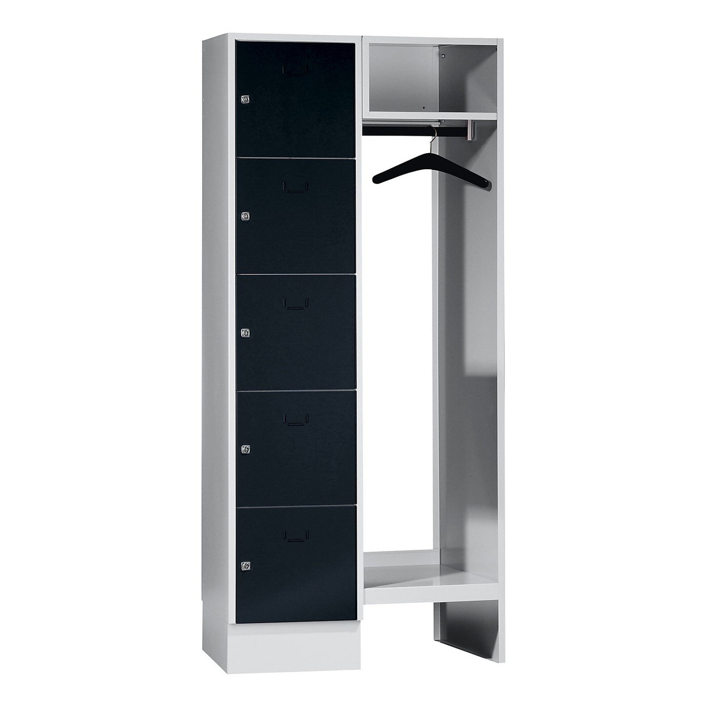 Dresden cloakroom locker system, 5 compartments, 1 coat rack, W 850 mm, light grey / jet black.