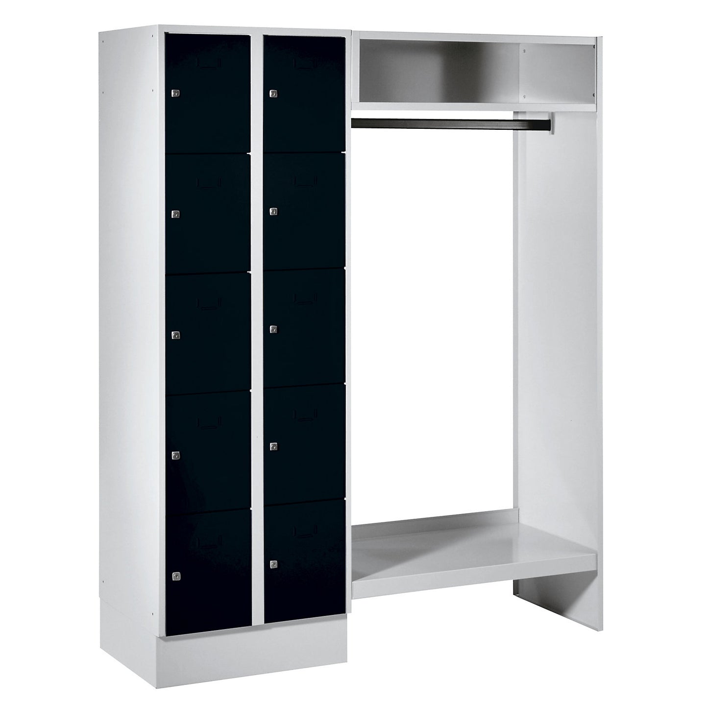 Dresden cloakroom locker system, 2 compartments on left, 1 coat rail, W 1470 mm, light grey / jet black.
