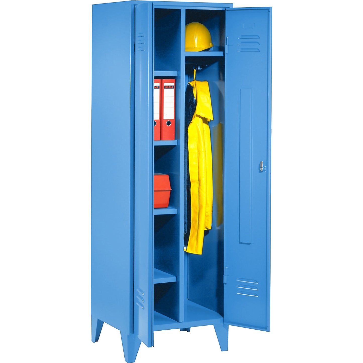 Berlin 2 locker for cleaning products, W 600 mm, 4 shelves, 1 clothes rail, light blue RAL 5012.