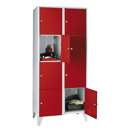 Munich 4-fold compartment locker, 2 compartments, light grey / flame red, W 800 mm, with feet.