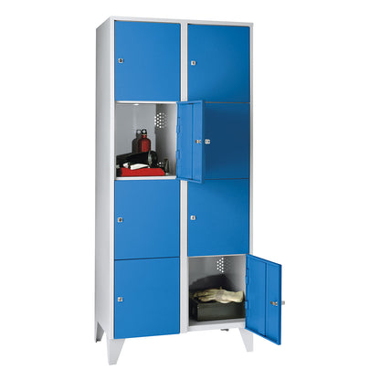 Munich 4-fold compartment locker, 2 compartments, light grey / light blue, W 800 mm, with feet.