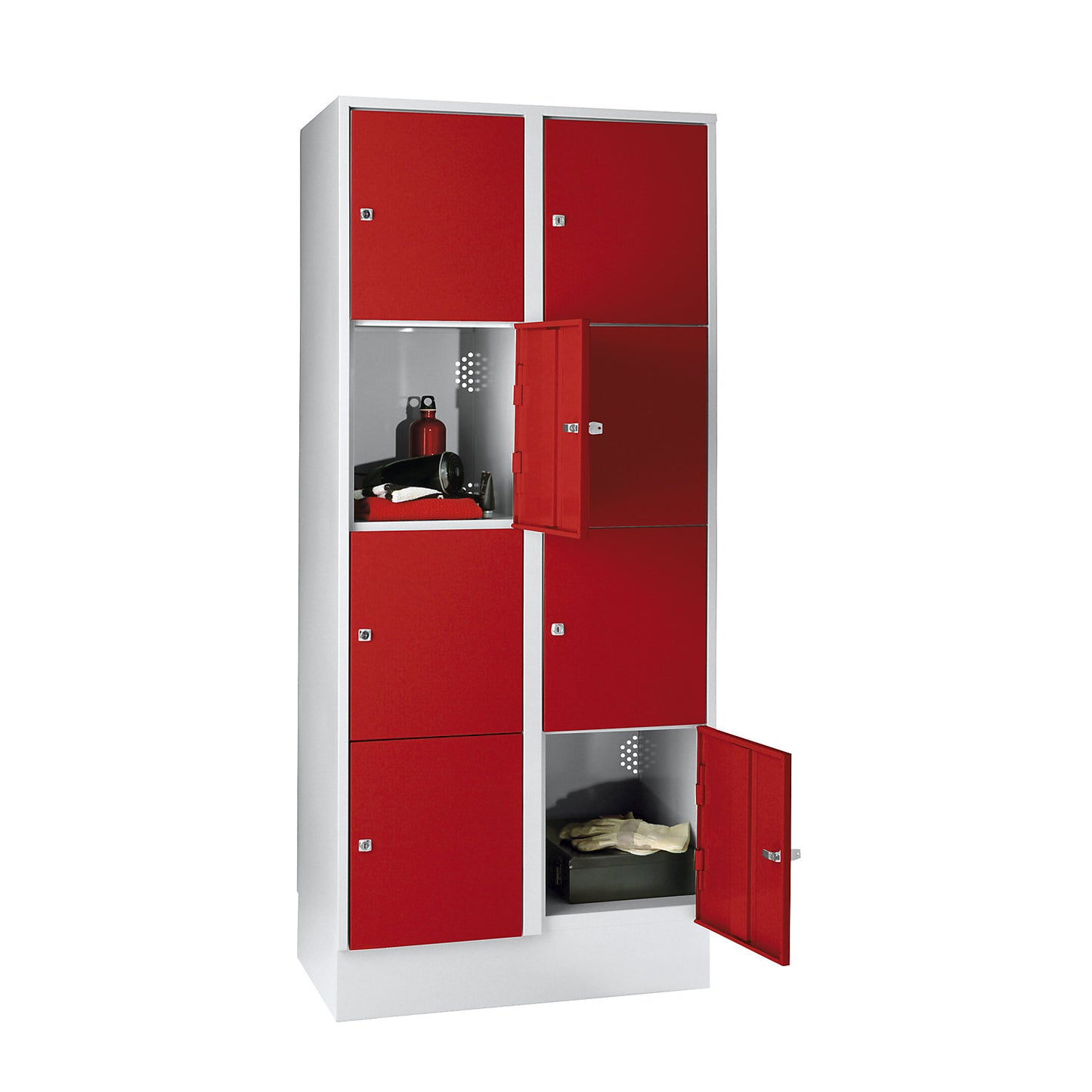 Munich 4-fold compartment locker, 2 compartments, light grey / flame red, W 800 mm, with base plinth.