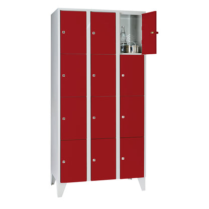 Munich 4-fold compartment locker, 3 compartments, light grey / flame red, W 900 mm, with feet.