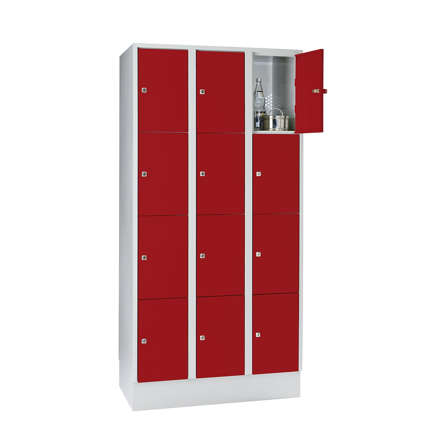 Munich 4-fold compartment locker, 3 compartments, light grey / flame red, W 900 mm, with base plinth.