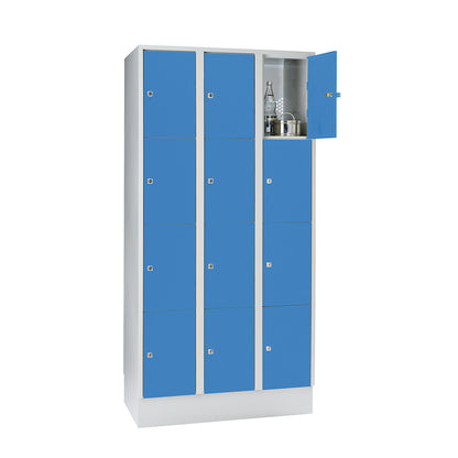 Munich 4-fold compartment locker, 3 compartments, light grey / light blue, W 900 mm, with base plinth.