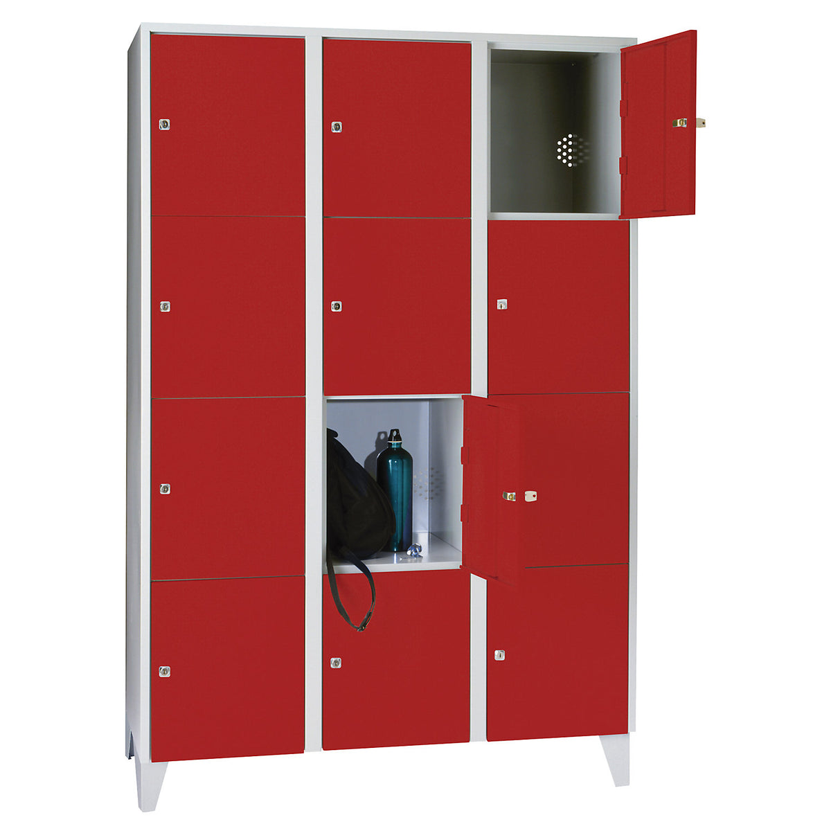 Munich 4-fold compartment locker, 3 compartments, light grey / flame red, W 1200 mm, with feet.