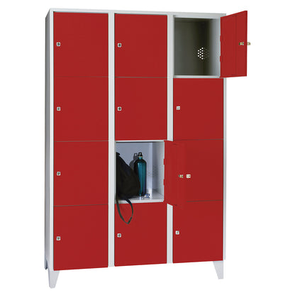 Munich 4-fold compartment locker, 3 compartments, light grey / flame red, W 1200 mm, with feet.