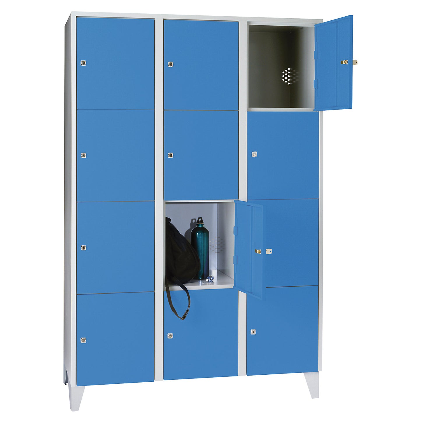 Munich 4-fold compartment locker, 3 compartments, light grey / light blue, W 1200 mm, with feet.