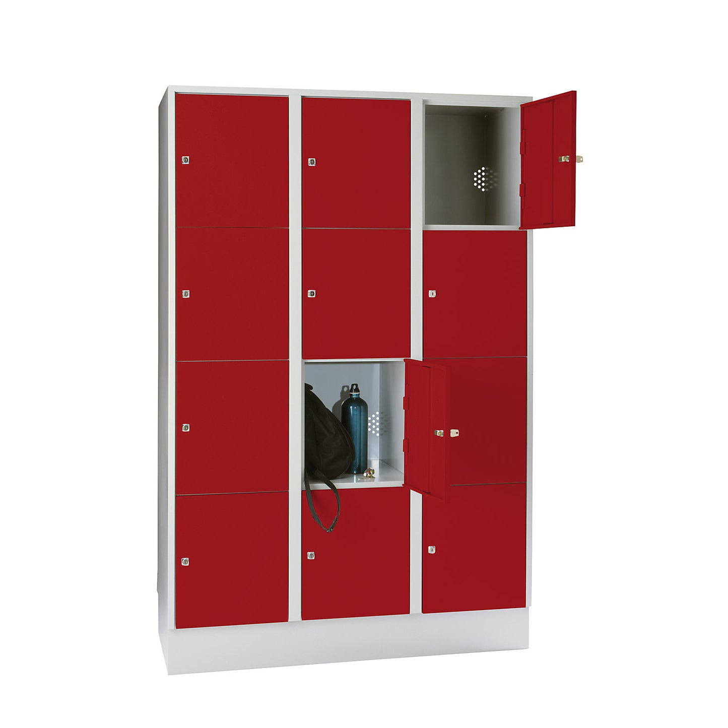 Munich 4-fold compartment locker, 3 compartments, light grey / flame red, W 1200 mm, with base plinth.