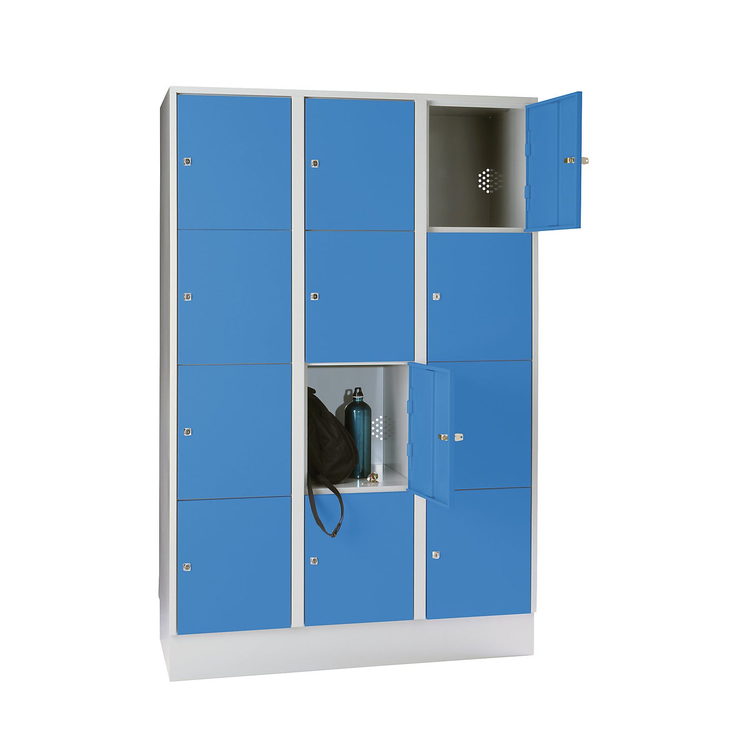 Munich 4-fold compartment locker, 3 compartments, light grey / light blue, W 1200 mm, with base plinth.