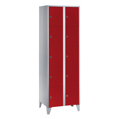 München 5-fold compartment locker, 2 compartments, light grey / flame red, W 600 mm, with feet.