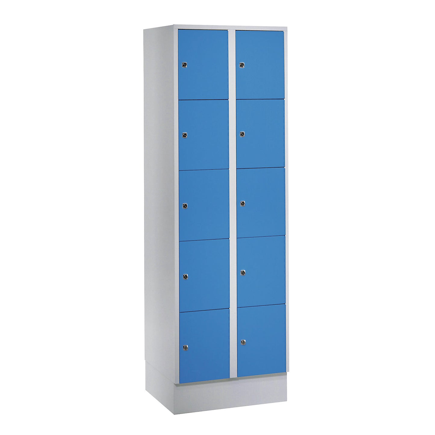 München 5-fold compartment locker, 2 compartments, light grey / light blue, W 600 mm, with base plinth.
