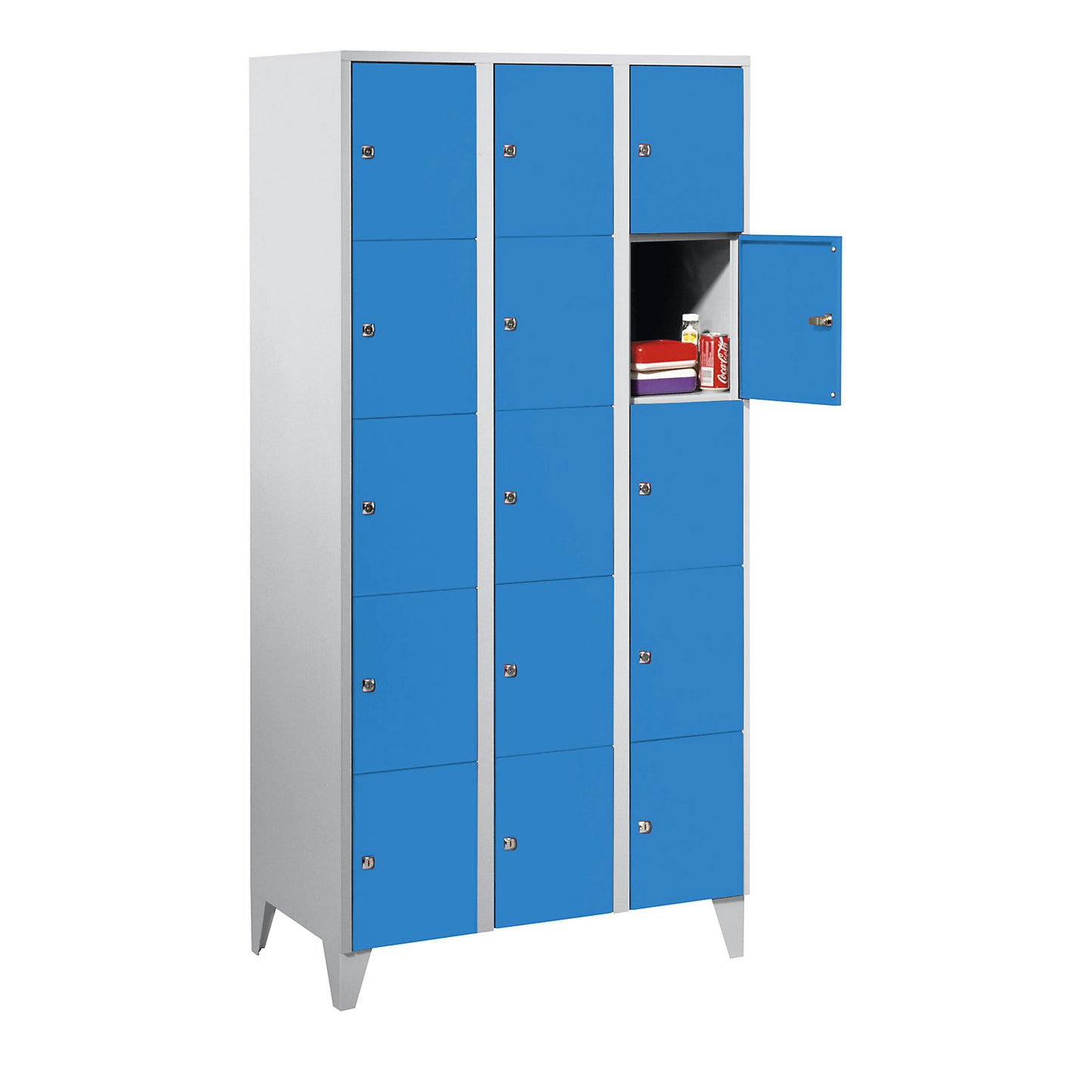 München 5-fold compartment locker, 3 compartments, light grey / light blue, W 900 mm, with feet.