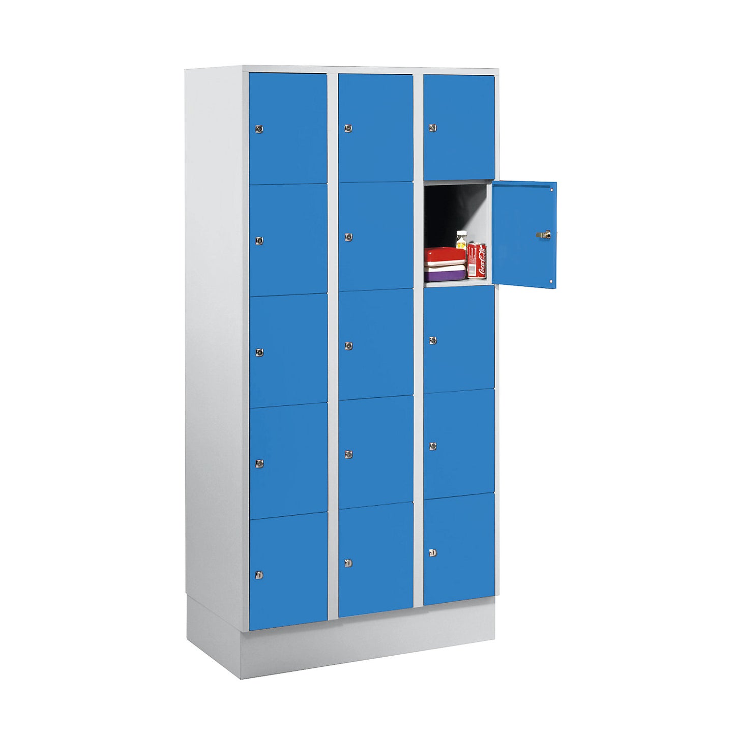 München 5-fold compartment locker, 3 compartments, light grey / light blue, W 900 mm, with base plinth.