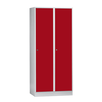 Munich locker, 2 compartments, light grey / flame red, W 800 mm, with base plinth.