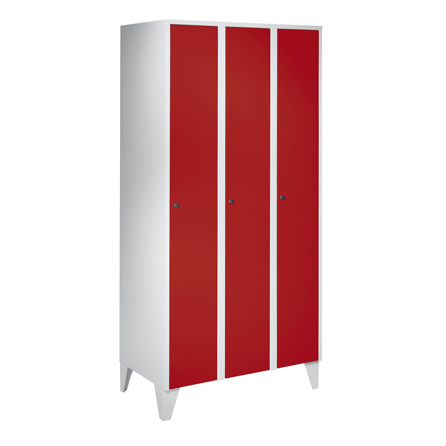 Munich locker, 3 compartments, light grey / flame red, W 900 mm, with feet.