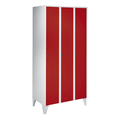 Munich locker, 3 compartments, light grey / flame red, W 900 mm, with feet.