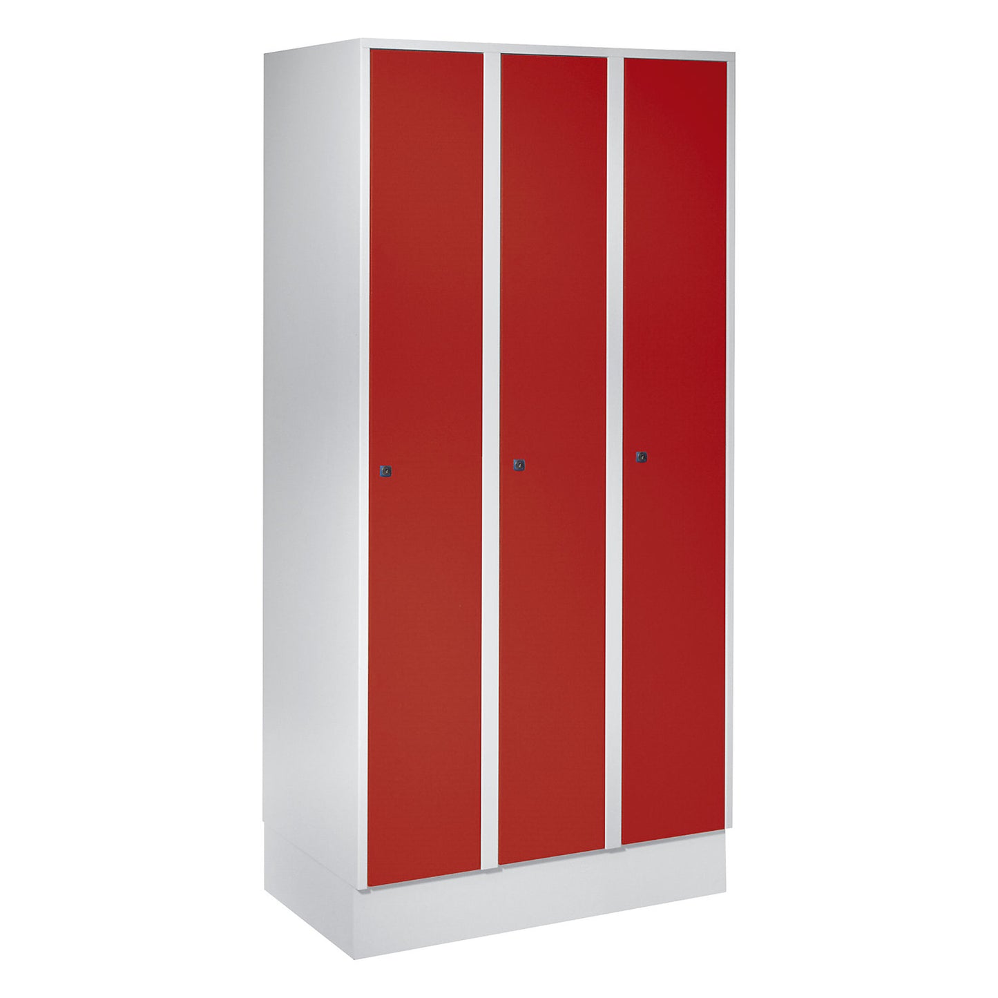 Munich locker, 3 compartments, light grey / flame red, W 900 mm, with base plinth.