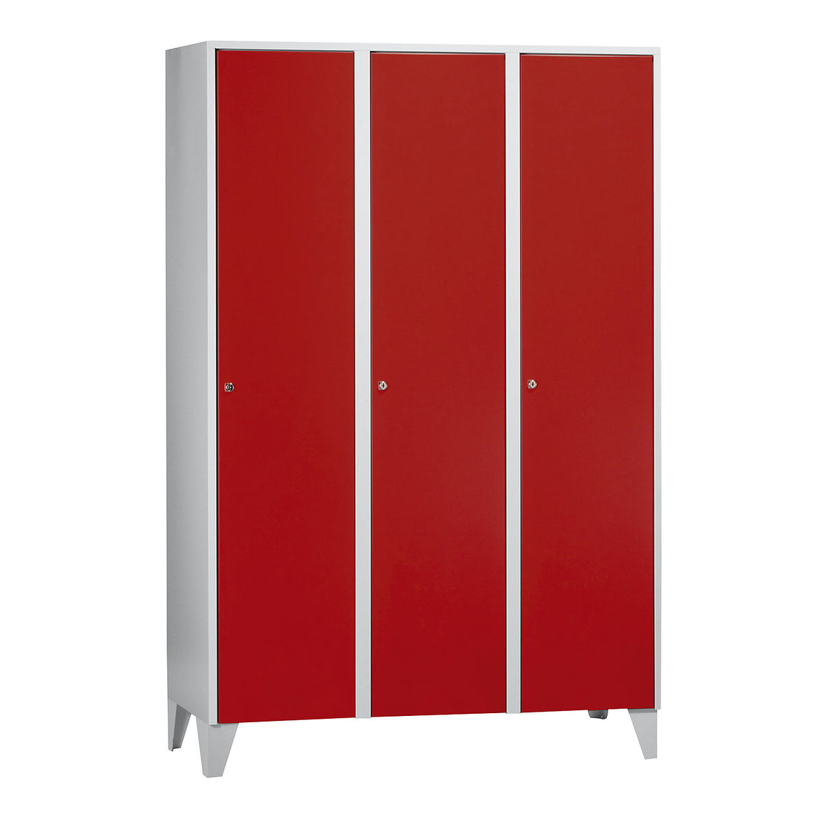 Munich locker, 3 compartments, light grey / flame red, W 1200 mm, with feet.