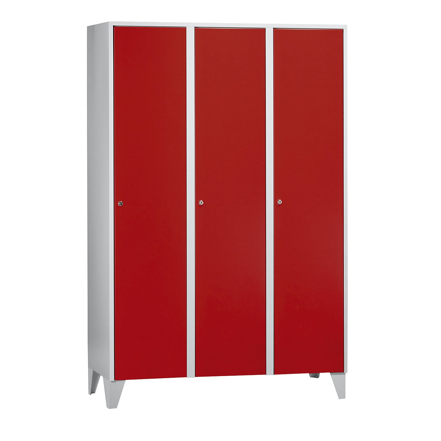 Munich locker, 3 compartments, light grey / flame red, W 1200 mm, with feet.