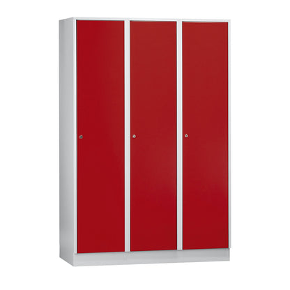 Munich locker, 3 compartments, light grey / flame red, W 1200 mm, with base plinth.