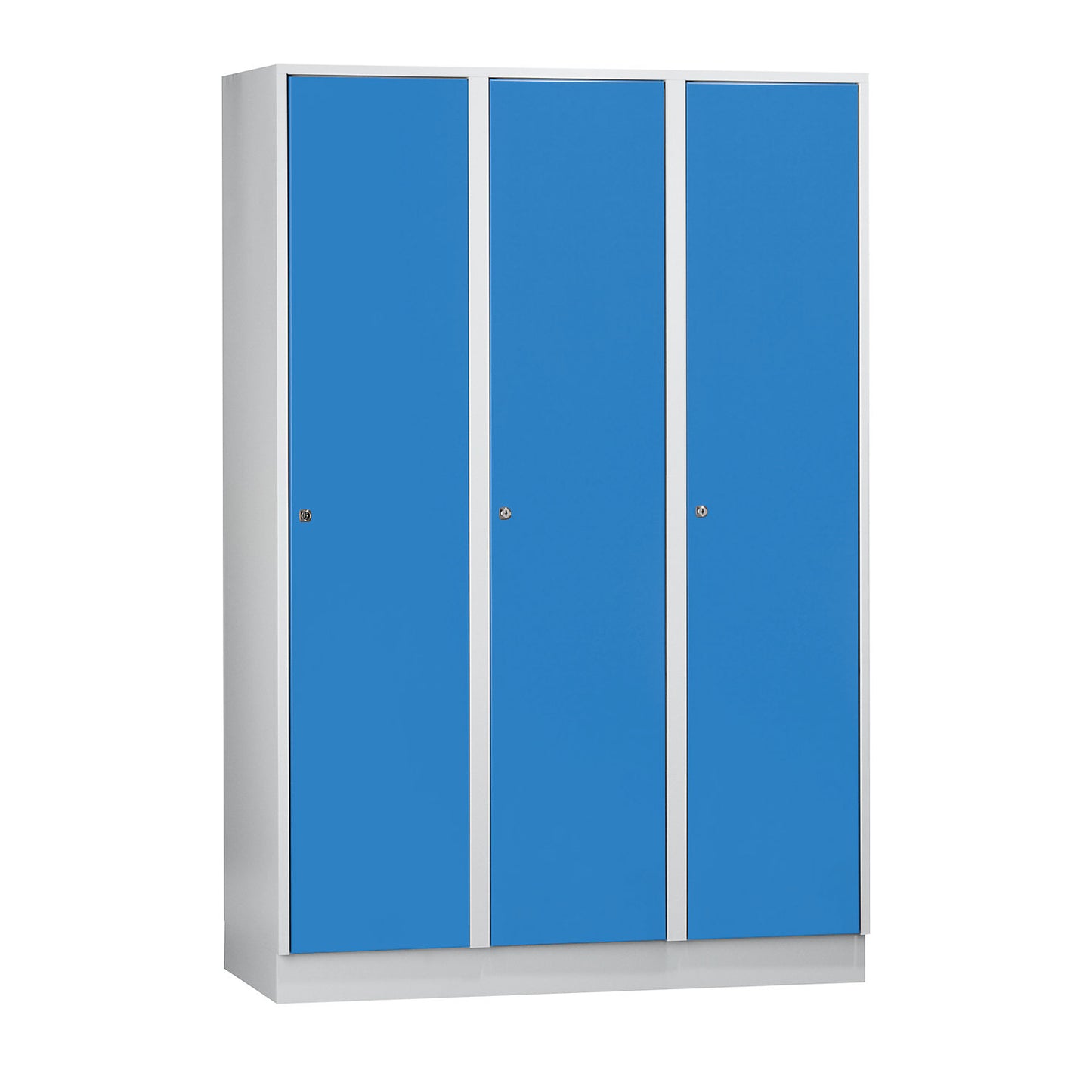 Munich locker, 3 compartments, light grey / light blue, W 1200 mm, with base plinth.