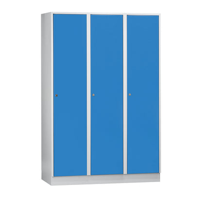 Munich locker, 3 compartments, light grey / light blue, W 1200 mm, with base plinth.