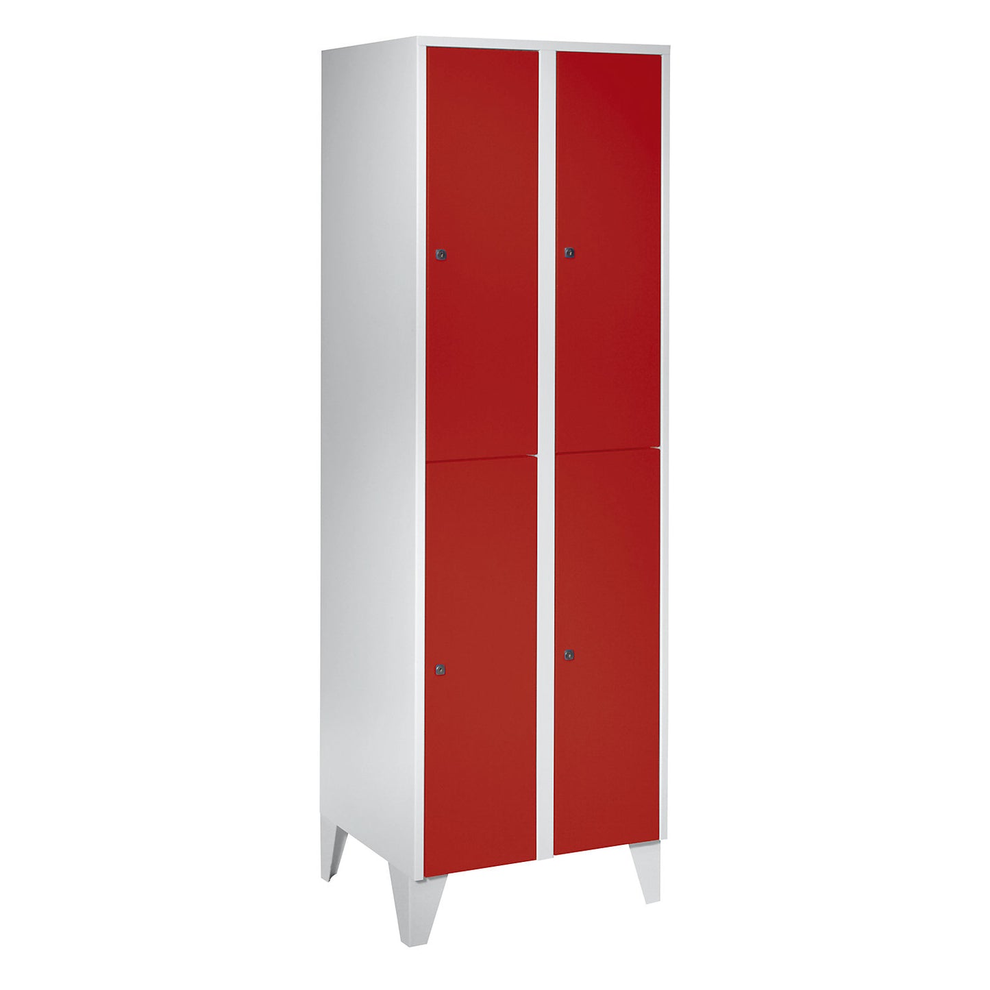 München double deck clothes locker, 2 compartments, W 600 mm, light grey / flame red, with feet.