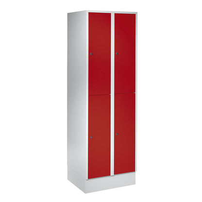 München double deck clothes locker, 2 compartments, W 600 mm, light grey / flame red, with base plinth.
