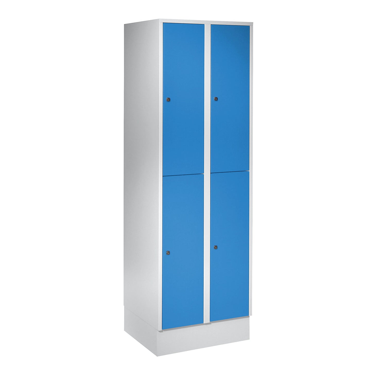 München double deck clothes locker, 2 compartments, W 600 mm, light grey / light blue, with base plinth.