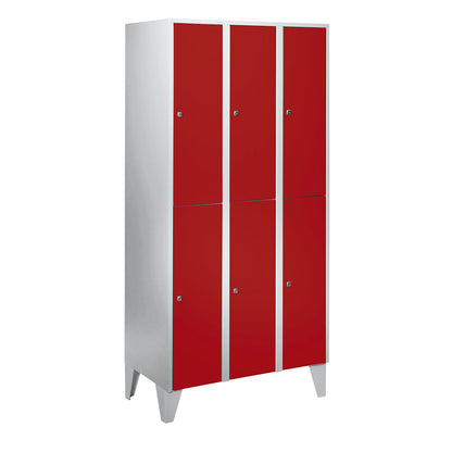 München double deck clothes locker, 3 compartments, W 900 mm, light grey / flame red, with feet.