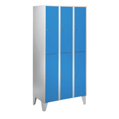 München double deck clothes locker, 3 compartments, W 900 mm, light grey / light blue, with feet.