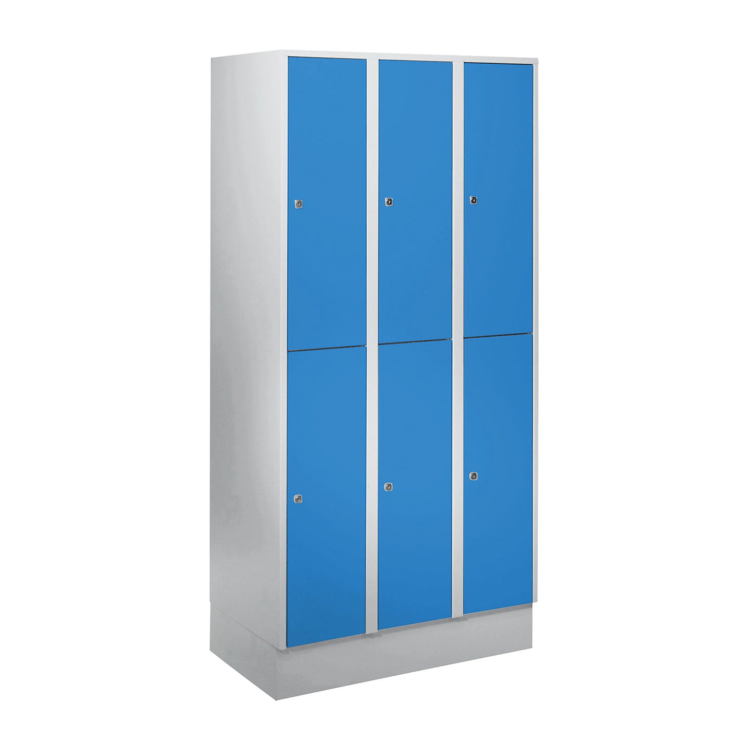 München double deck clothes locker, 3 compartments, W 900 mm, light grey / light blue, with base plinth.