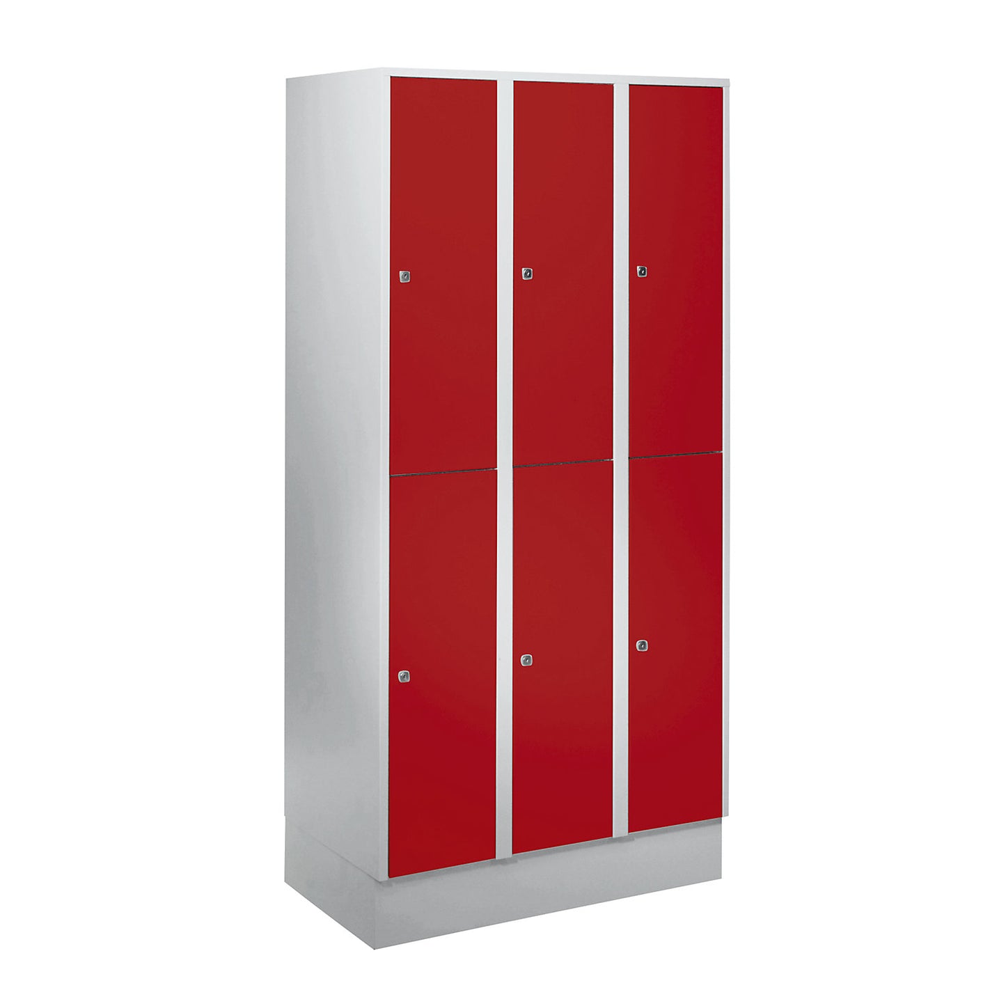 München double deck clothes locker, 3 compartments, W 900 mm, light grey / flame red, with base plinth.