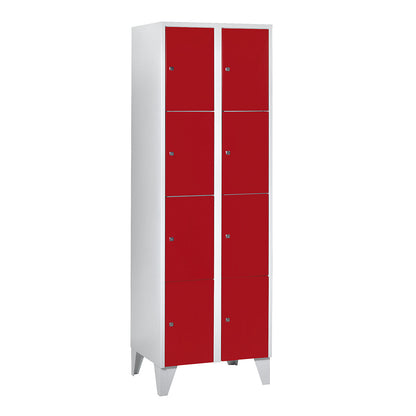 Munich 4-fold compartment locker, 2 compartments, light grey / flame red, W 600 mm, with feet.