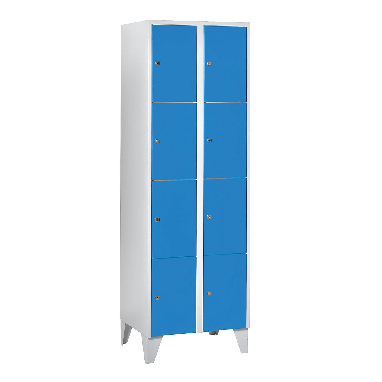 Munich 4-fold compartment locker, 2 compartments, light grey / light blue, W 600 mm, with feet.