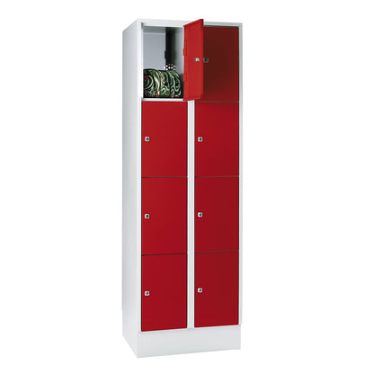 Munich 4-fold compartment locker, 2 compartments, light grey / flame red, W 600 mm, with base plinth.