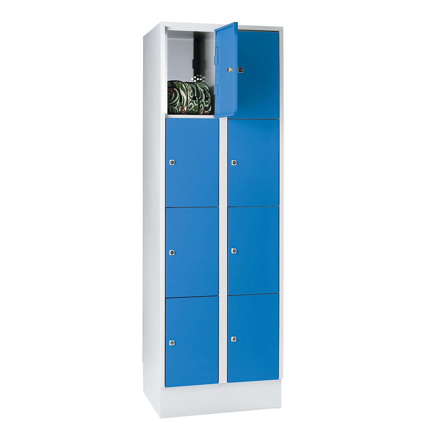 Munich 4-fold compartment locker, 2 compartments, light grey / light blue, W 600 mm, with base plinth.