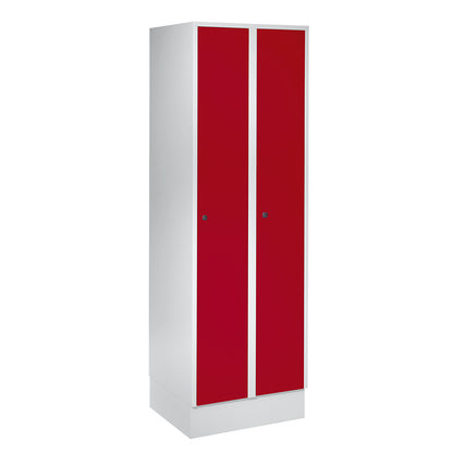 Munich locker, 2 compartments, light grey / flame red, W 600 mm, with base plinth.