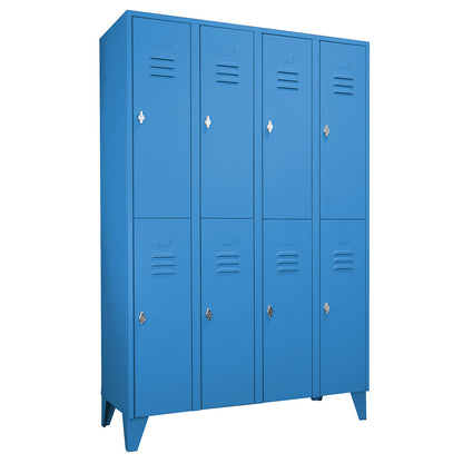 Berlin 2 double deck clothes locker, 4 compartments, light blue, width 1200 mm, flat roof shape.
