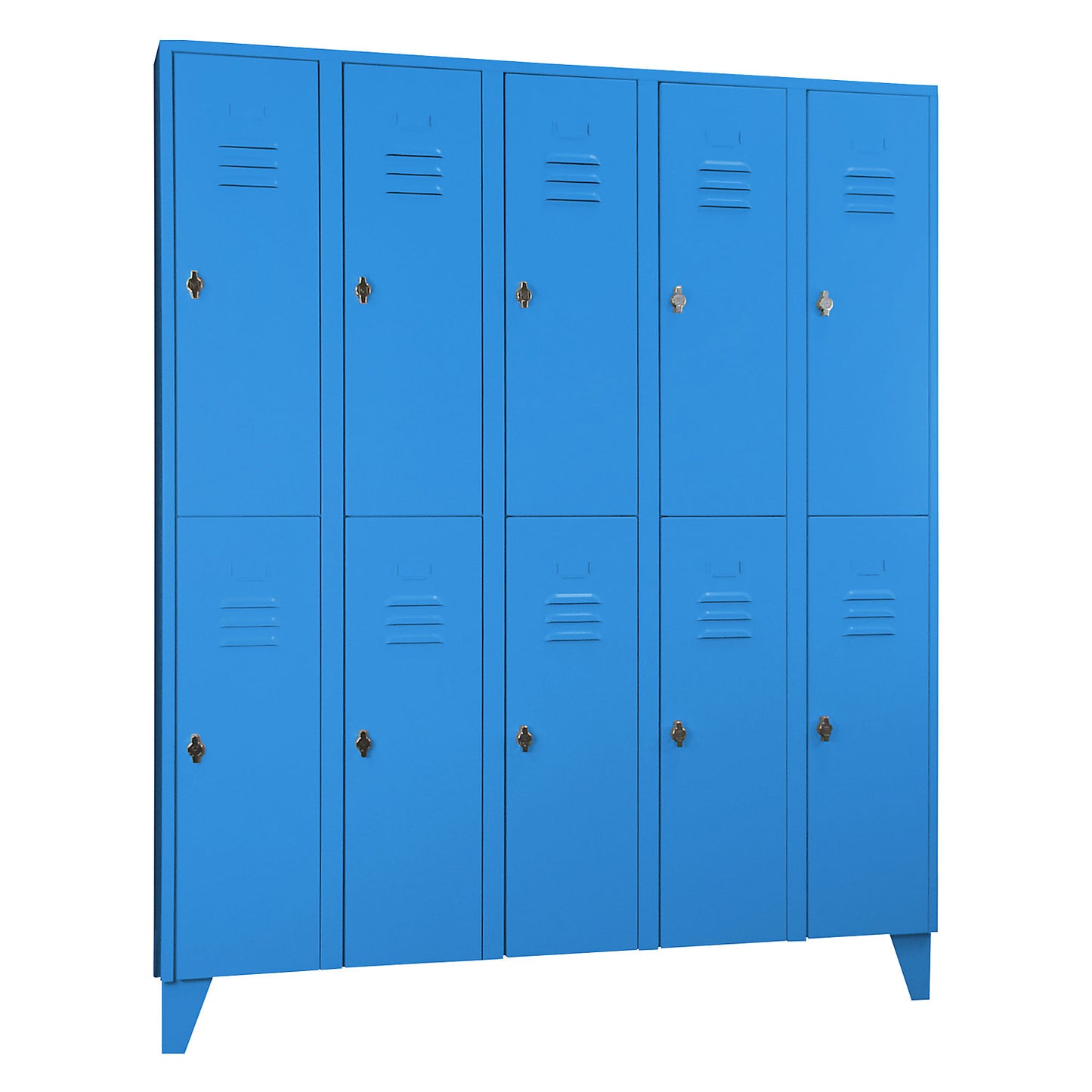 Berlin 2 double deck clothes locker, 5 compartments, light blue, width 1500 mm, flat roof shape.