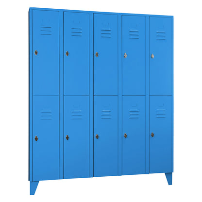 Berlin 2 double deck clothes locker, 5 compartments, light blue, width 1500 mm, flat roof shape.